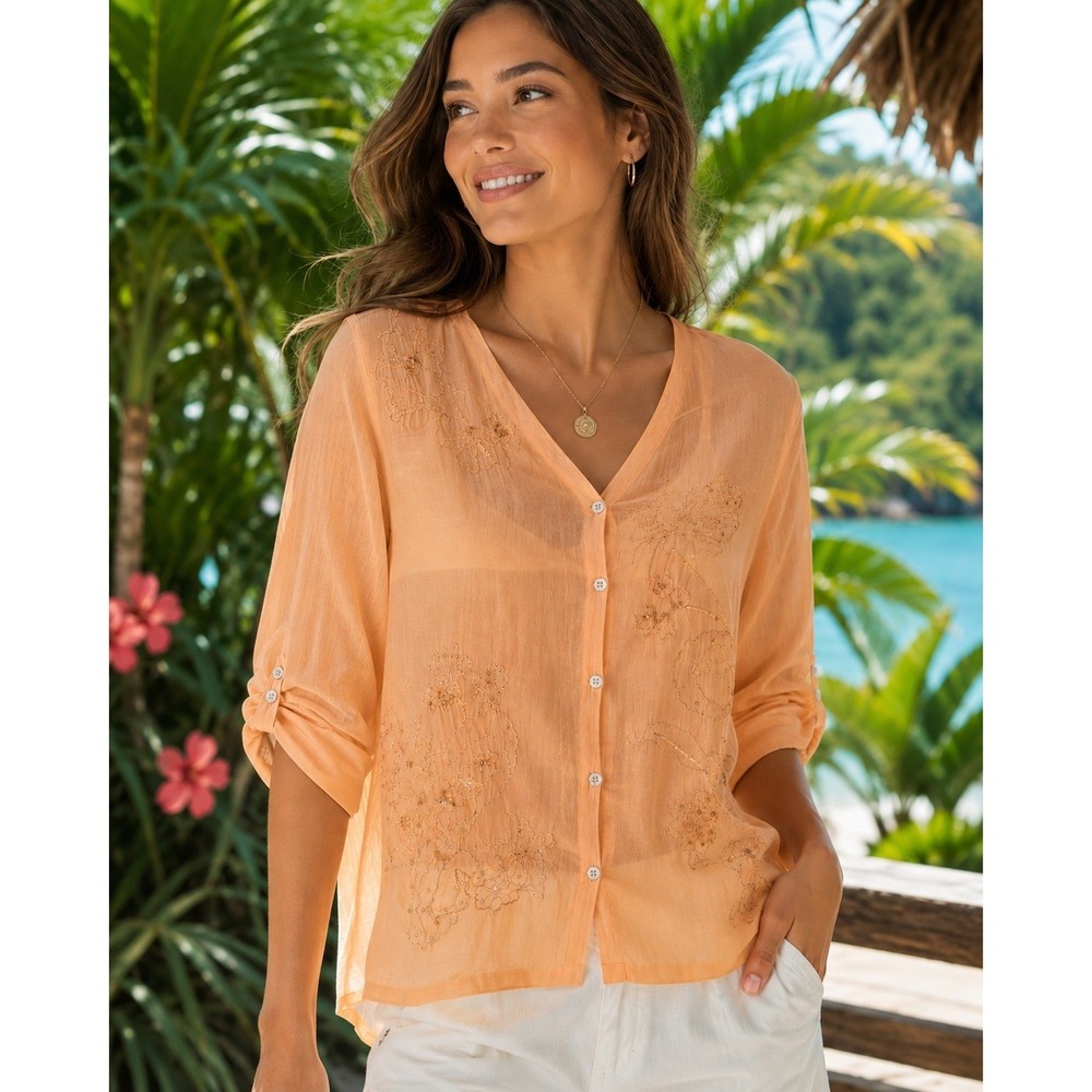 JH Collectibles Peach Cotton Embroidered Beaded Roll Tab Sleeve Blouse Large